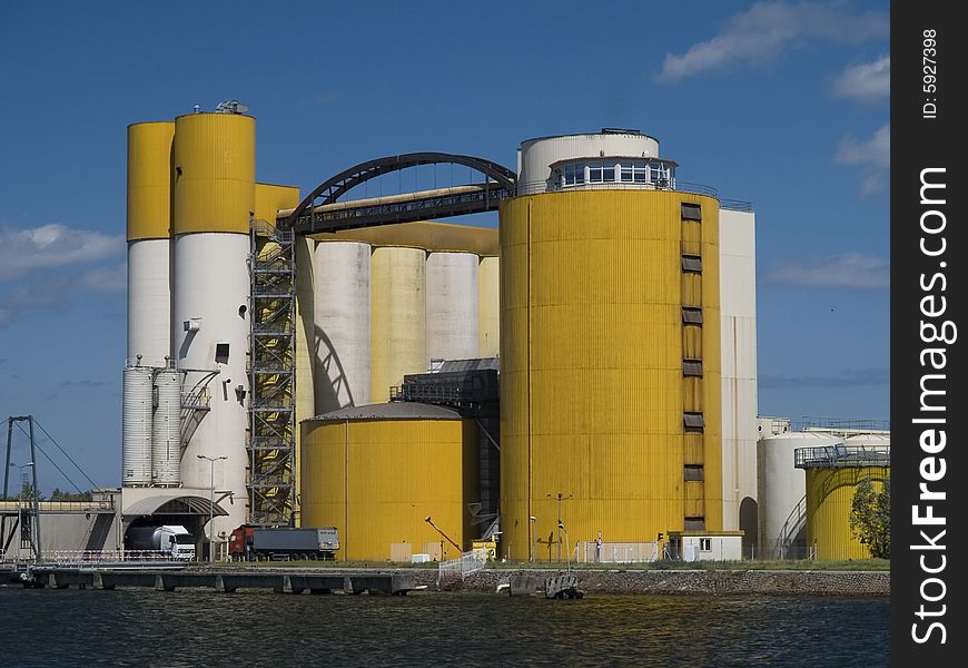 Elevators for malt and grain located beside port canal