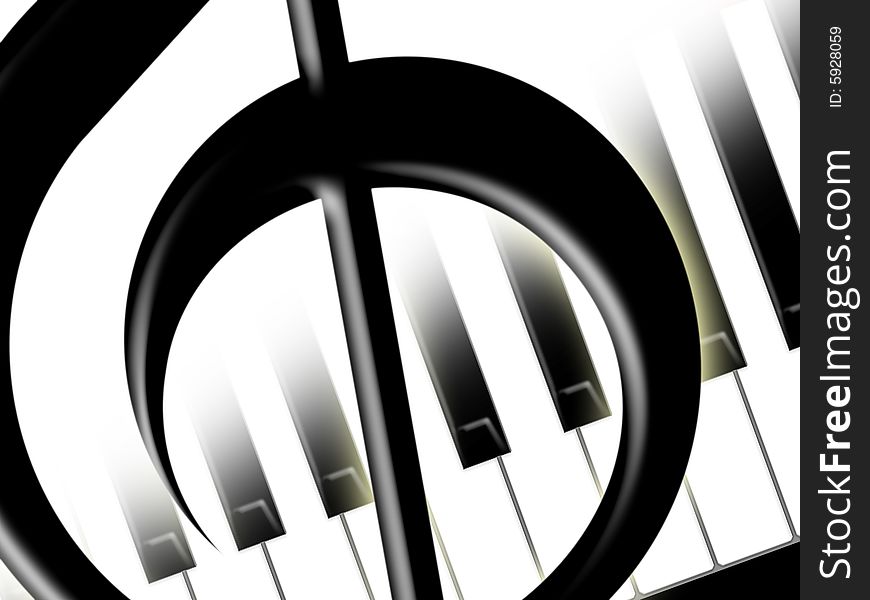 Fragment of a treble clef on a background of keys of the piano. Fragment of a treble clef on a background of keys of the piano