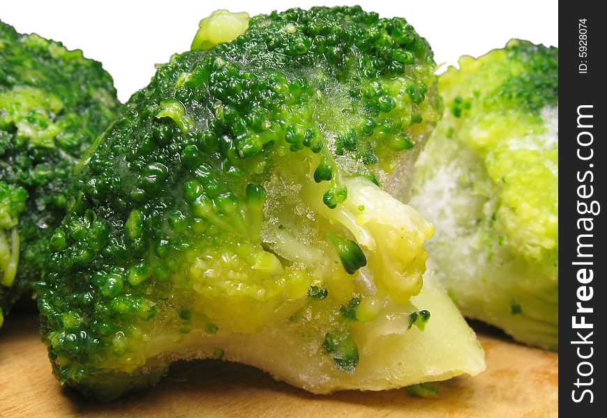 Quick-frozen broccoli with grains of ice. Quick-frozen broccoli with grains of ice