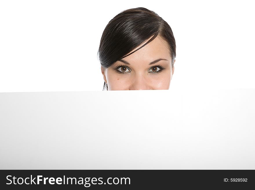 Successful brunette businesswoman with banner