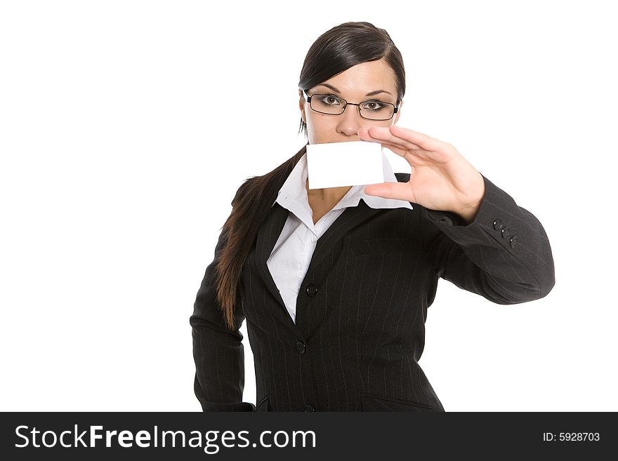 Successful brunette businesswoman with banner