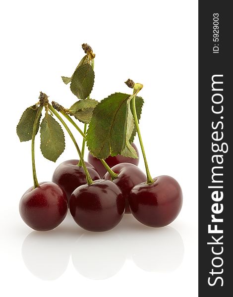 Ripe cherries with stems on white background. Ripe cherries with stems on white background