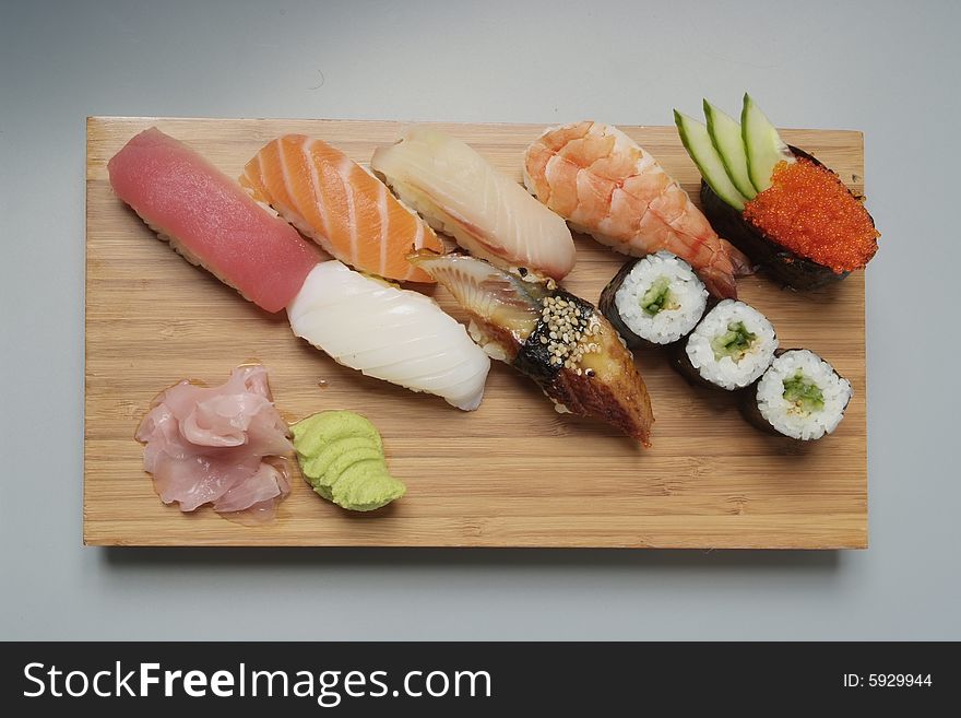 Sushi japanese food on wood plate