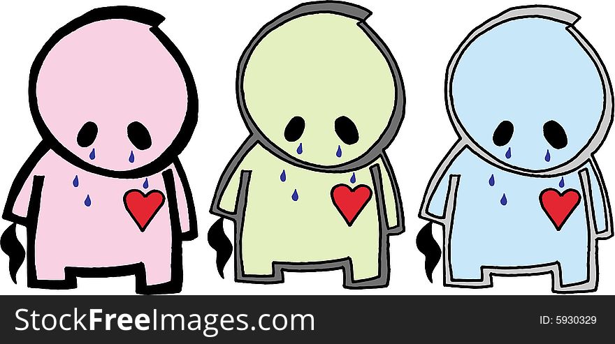 Three isolated different crying figures with hearts. vector image. Three isolated different crying figures with hearts. vector image