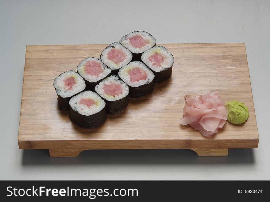 Sushi japanese food on wood plate