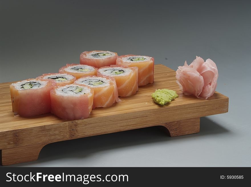 Sushi japanese food on wood plate