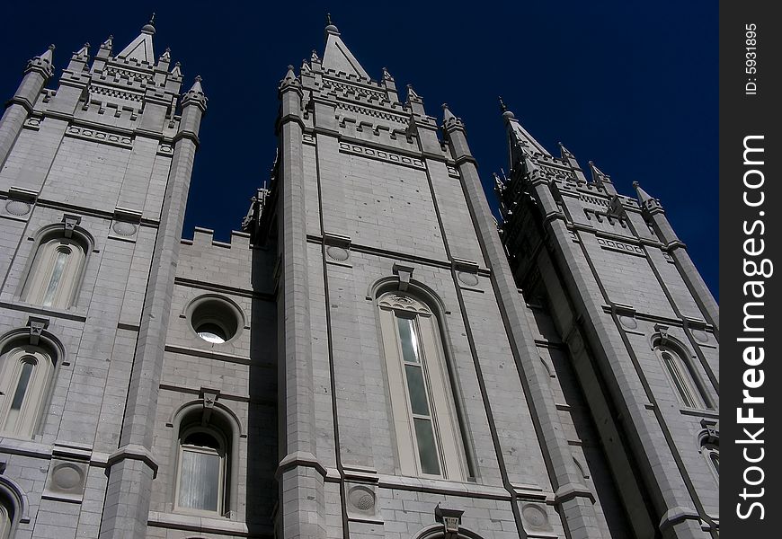 A panoramic view of the Mormon Temple in Salt Lake City, Utah.
