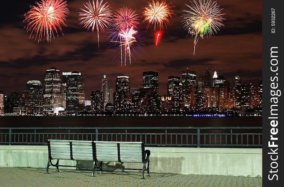 The Lower Manhattan Skyline with firework illustration