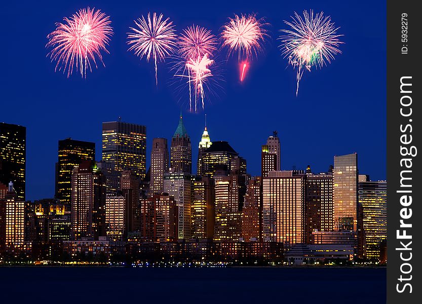 The Lower Manhattan Skyline with firework illustration