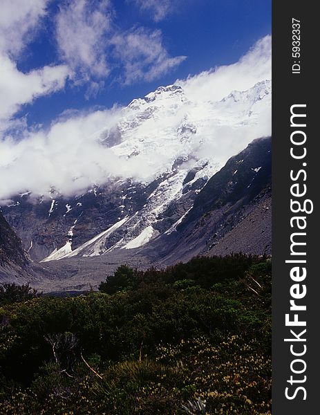 A view of Mount Sefton from the Hooker Valley hiking trail of New Zealand's South Island. A view of Mount Sefton from the Hooker Valley hiking trail of New Zealand's South Island.