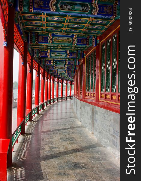 Columns in Beihai park, China. Summer shot.  Beihai park is an old park in the Beijing(Pekin), China.