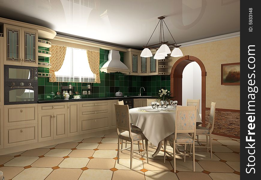 Interior of kitchen with elements of classics