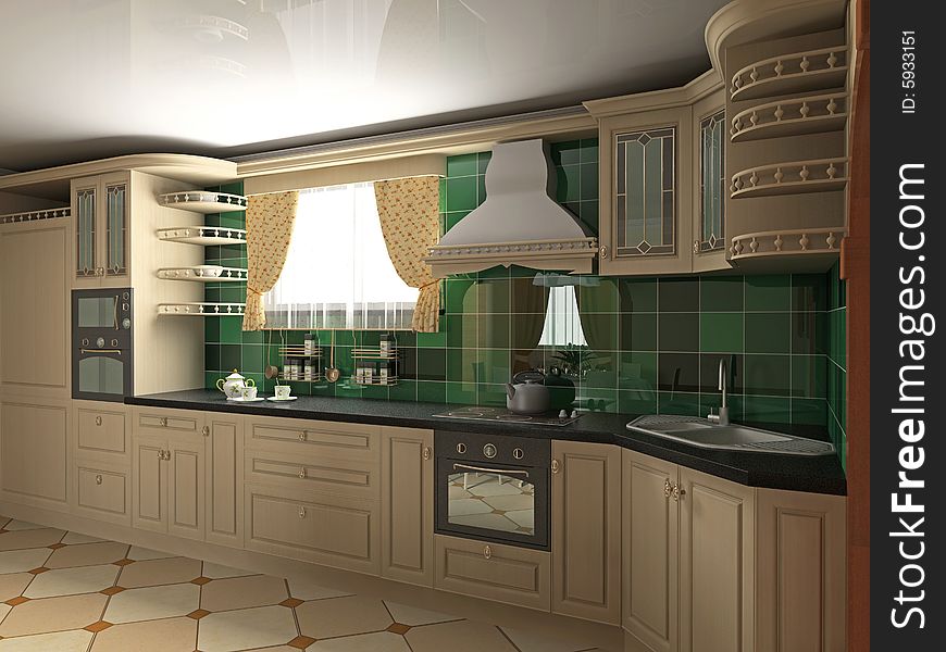 Interior of kitchen with elements of classics