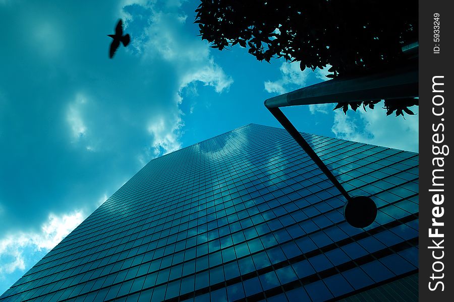 This is an image of a building. The dominant color is blue. This image conveys the idea of reaching for success. There are multiple objects that project height or rising up. A tree, a street light, a bird, the building, clouds,and sky at different heights shows there is always something higher to be acquired. This is an image of a building. The dominant color is blue. This image conveys the idea of reaching for success. There are multiple objects that project height or rising up. A tree, a street light, a bird, the building, clouds,and sky at different heights shows there is always something higher to be acquired.