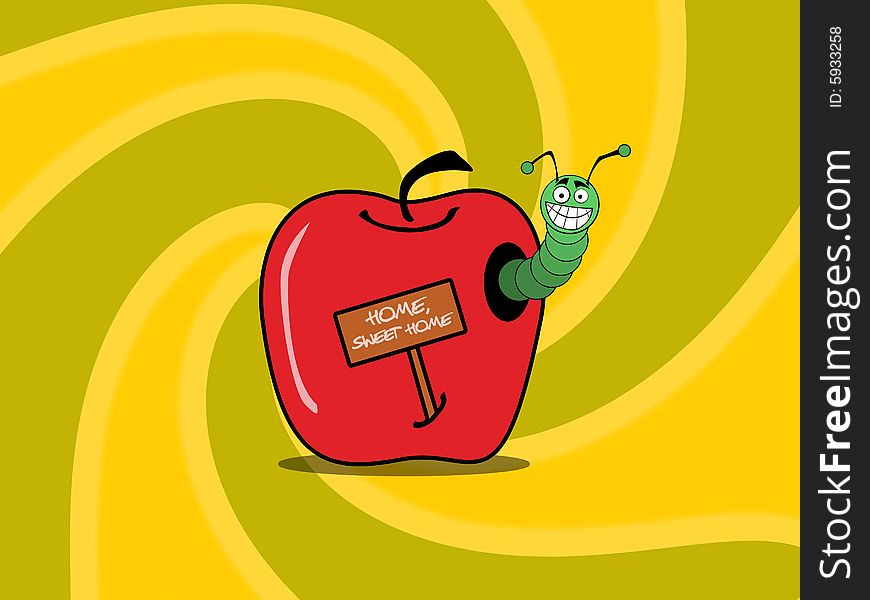 Funny cartooned worm at apple with notice about home. Funny cartooned worm at apple with notice about home