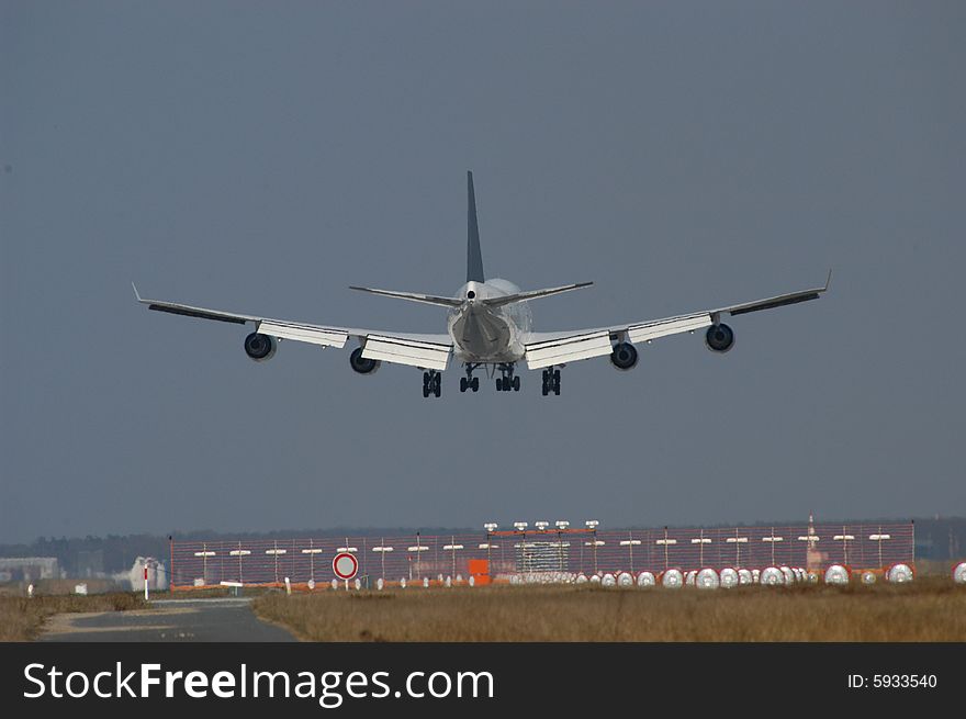 Landing of a passenger jet just before touch down