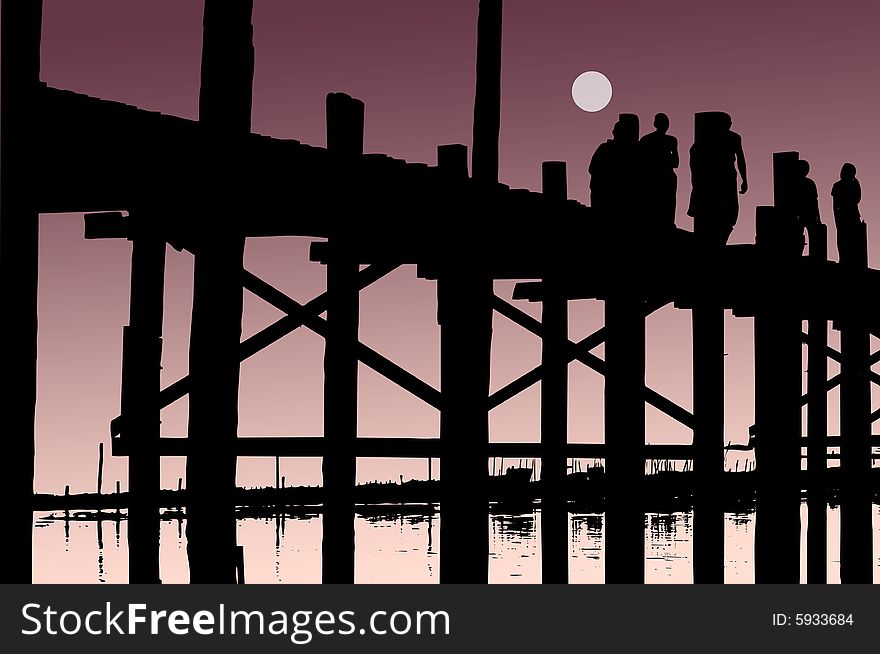 Myanmar, Amarapura, U Bein bridge; stunning sundown at the U bein bridge; bicycle and men black silhouettes; vector. Myanmar, Amarapura, U Bein bridge; stunning sundown at the U bein bridge; bicycle and men black silhouettes; vector