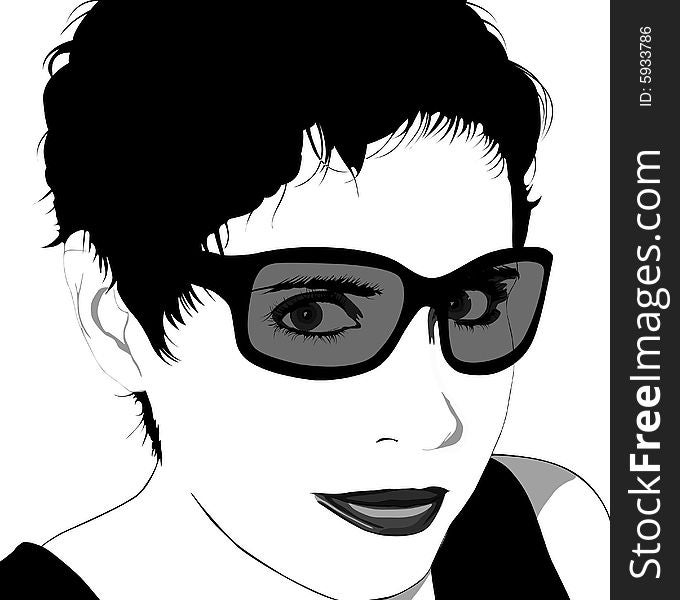 Woman with short hair: Vector; portrait in black and white