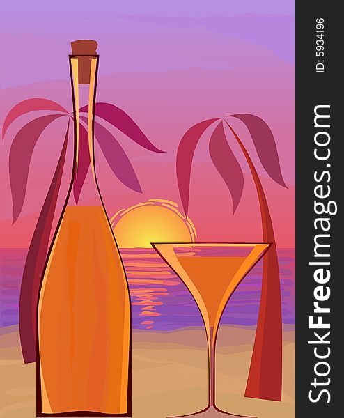 Vector illustration of sunset on the beach. Vector illustration of sunset on the beach