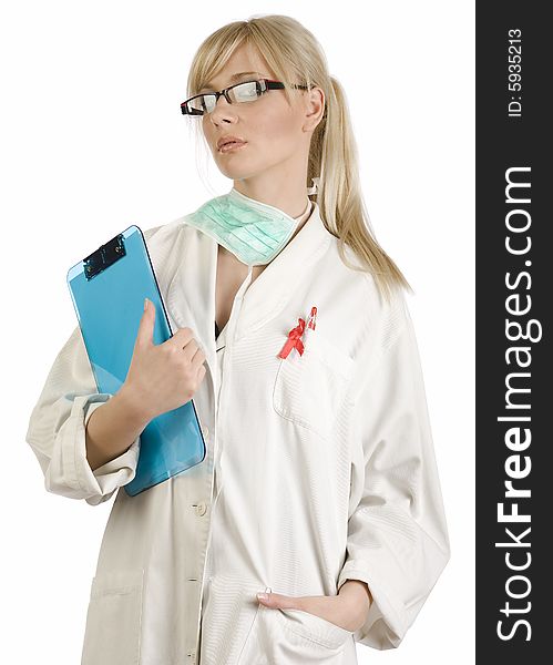 Blond nurse holding with blue notepad isolated on white background. Blond nurse holding with blue notepad isolated on white background