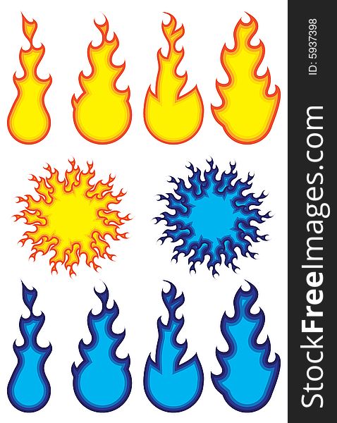 Little yellow and blue fires. Vector illustration.