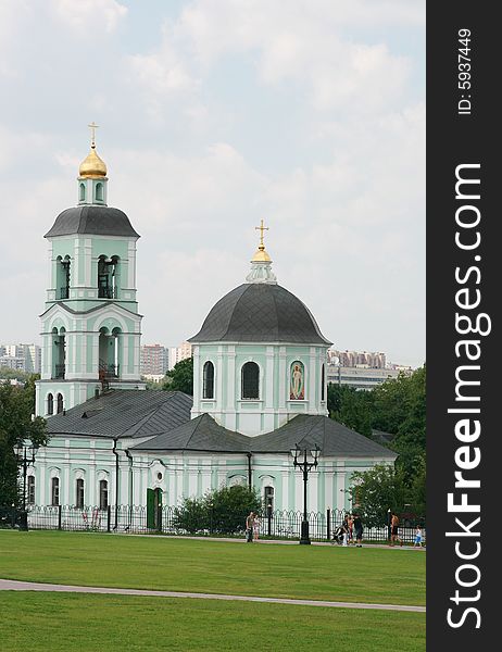 Christian church with gold domes in Moscow