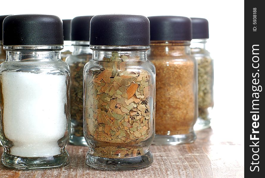 Variety of spices in bottles