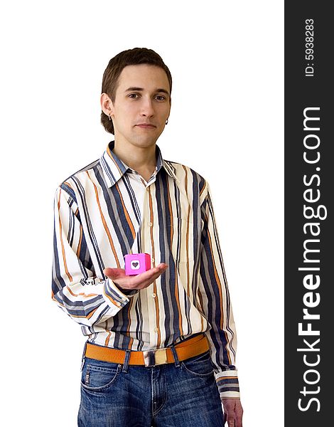 Man with pink box, isolated on white background