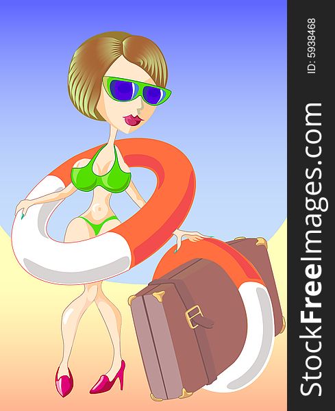 Girl on a beach with a lifebuoy ring and a suitcase