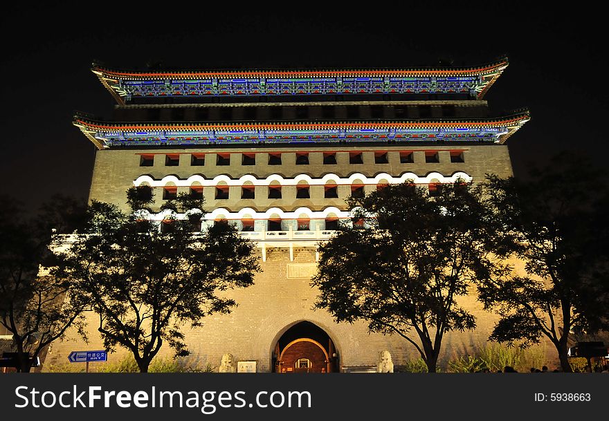 Ancient building, night scene, lighten the building