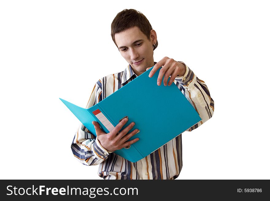 Man with a folder isolated on white