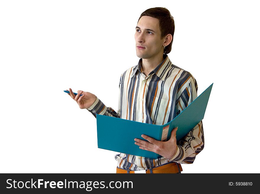 Man with a folder isolated on white