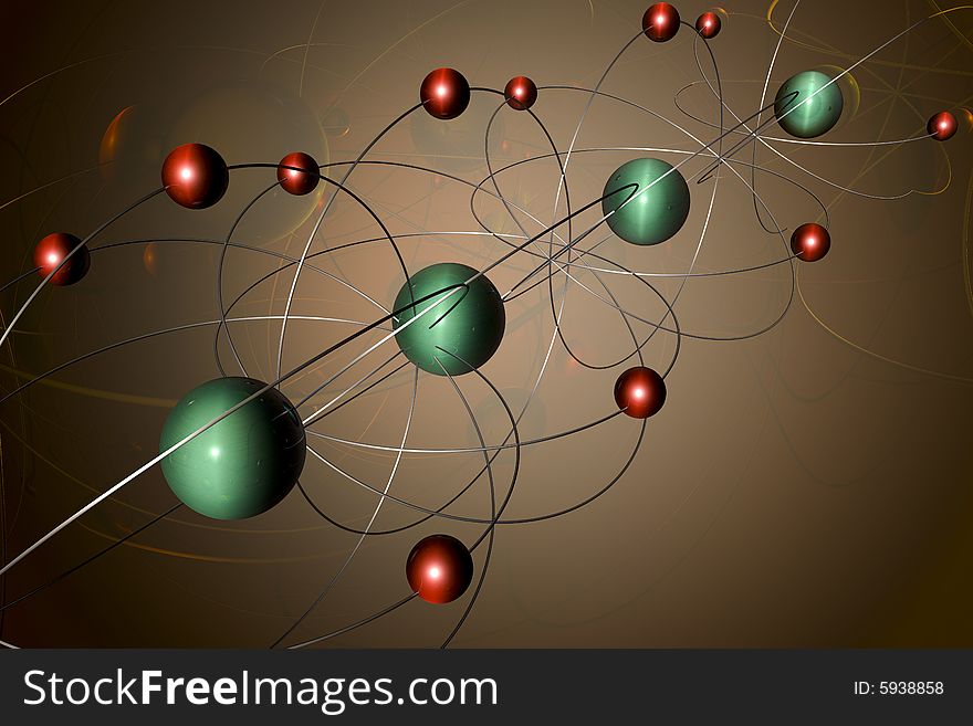 A model with atoms on brown background. A model with atoms on brown background