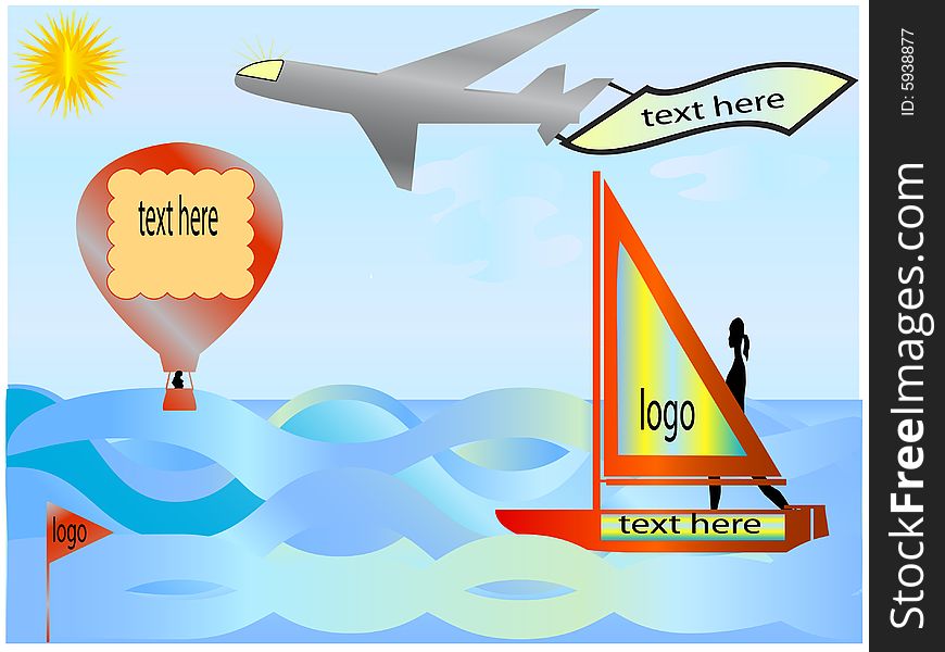 Sailboat, balloon and plane like objects for showing text and logo advertisement