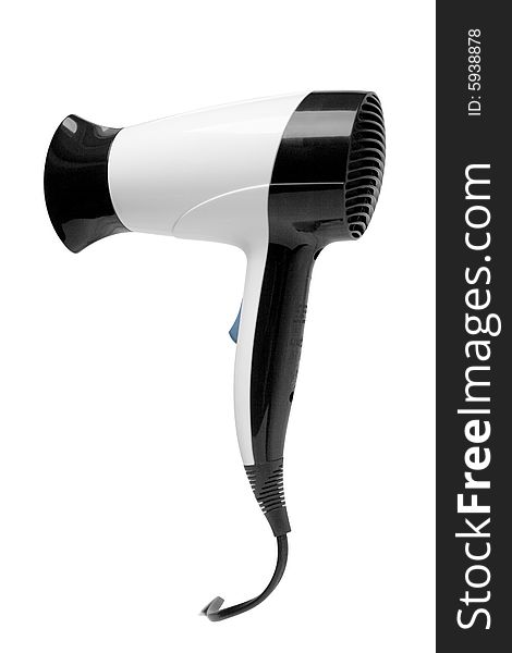 The hair drier of white color is isolated on a white background