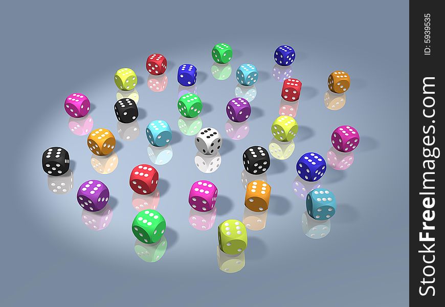Group of dices in various colors. All dices are in winning combination. Background is mirrored. Group of dices in various colors. All dices are in winning combination. Background is mirrored.