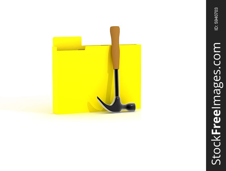 Yellow folder with a hammer on a white background isolated
