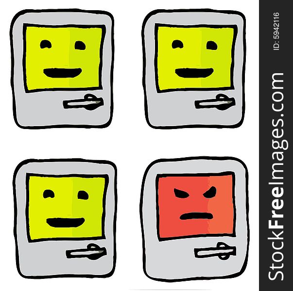 A selection of happy computers with one that is not happy, representing the virus. Fully scalable  illustration. A selection of happy computers with one that is not happy, representing the virus. Fully scalable  illustration.