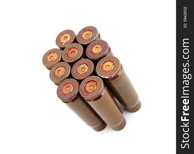 Closeup of old used 7,62 mm shells (cartriges) of AK47 isolated on white. Closeup of old used 7,62 mm shells (cartriges) of AK47 isolated on white