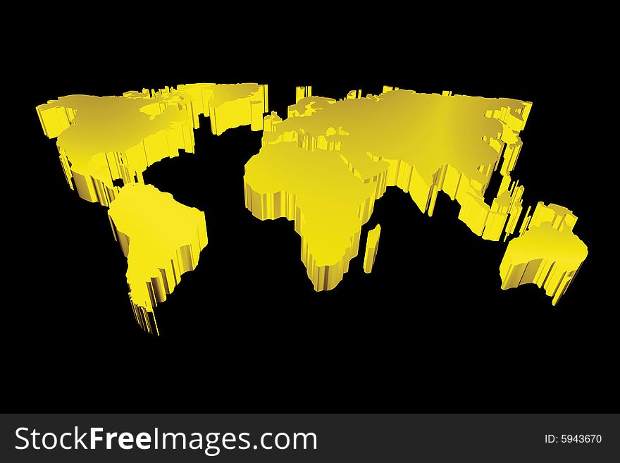 3d golden map of the world isolated in black with clipping path