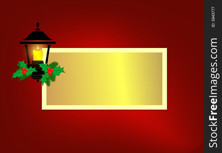 Lantern with lit candle decorated with holly and berries on mesh red background. Sized for greeting card with copyspace. Lantern with lit candle decorated with holly and berries on mesh red background. Sized for greeting card with copyspace.