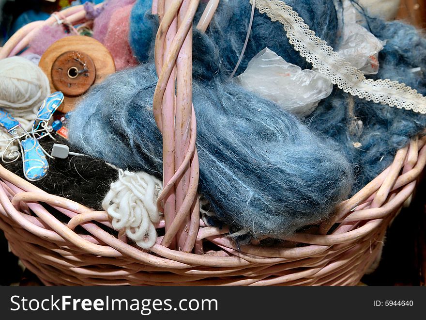 Still life of basket of threads and yarn. Still life of basket of threads and yarn