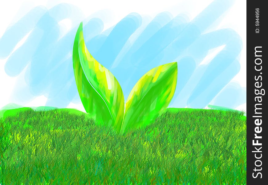 Two leaves in the middle of a grassy field on a background of the blue sky. Two leaves in the middle of a grassy field on a background of the blue sky.
