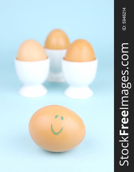 Hard boiled eggs in egg cups isolated against a blue background