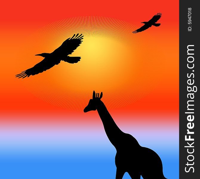 A giraffe with two birds aloft in orange background. A giraffe with two birds aloft in orange background