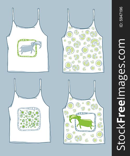 Four fashionable shirts with print of cartoon elephants and decorative pattern elements. Four fashionable shirts with print of cartoon elephants and decorative pattern elements