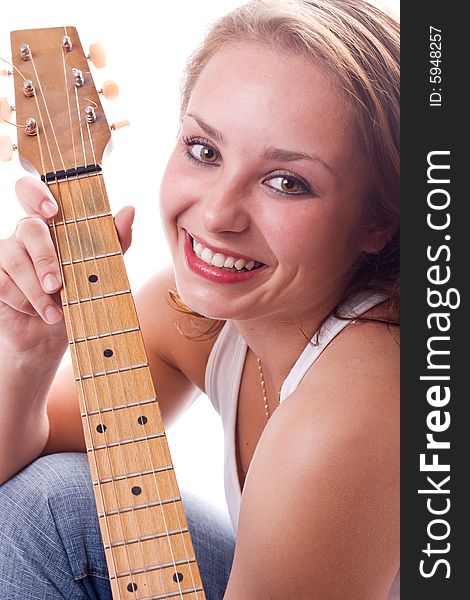 Beautiful girl posing with guitar. Isolated on white. #2. Beautiful girl posing with guitar. Isolated on white. #2