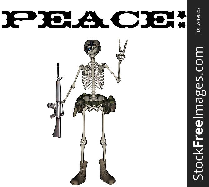 A skeleton in soldier outfit is giving the peace sign. A skeleton in soldier outfit is giving the peace sign