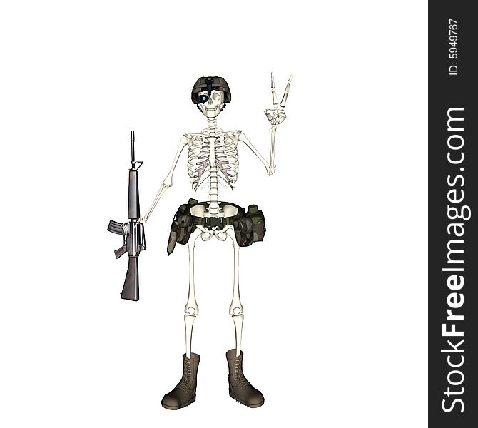 A skeleton in soldier outfit is giving the peace sign without the peace above. A skeleton in soldier outfit is giving the peace sign without the peace above