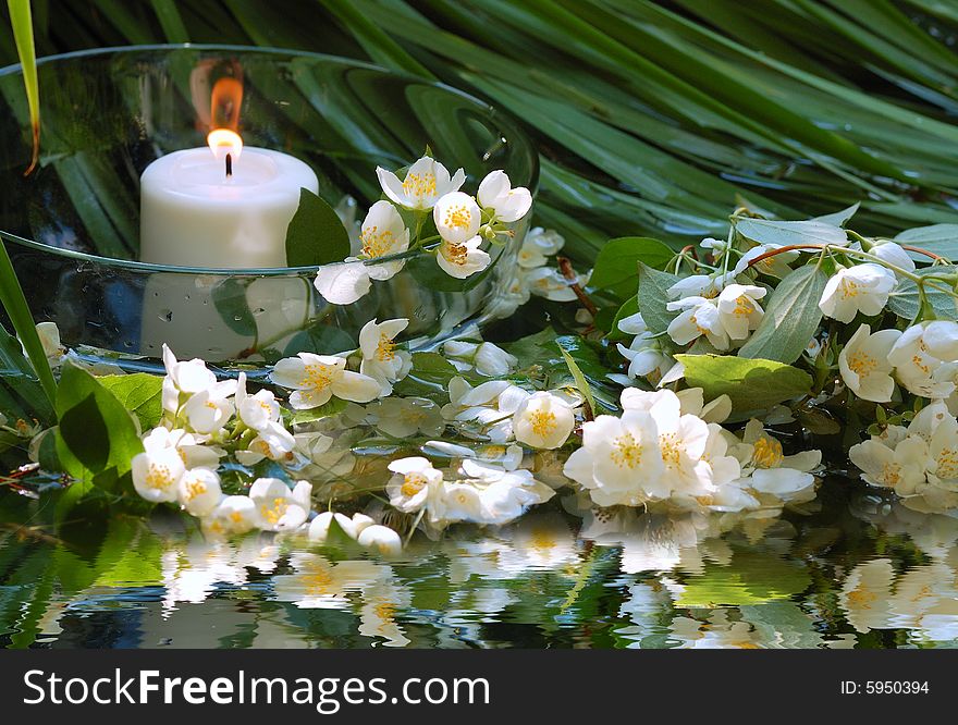 white candle with flowers of jasmin  floating in water. white candle with flowers of jasmin  floating in water